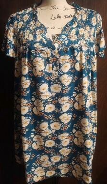 Lightweight Flutter Sleeve 1X Teal Floral Blouse V Neck Short Sleeve Top Tunic